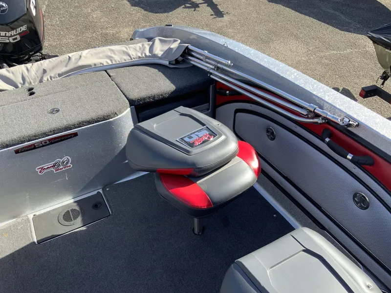 Slide: The Image of 2018 Ranger 1850MS Reata boat interior with seat and motor. - 17