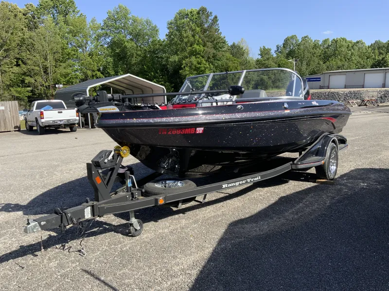 Slide: The Image of 2018 Ranger 1850MS Reata boat parked on trailer outdoors. - 8