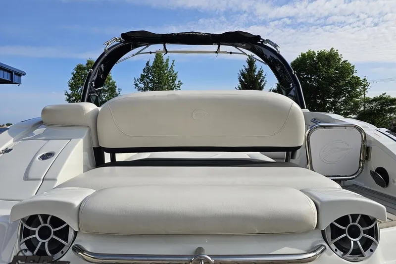 Slide: The Image of 2019 Crownline 275 SS boat with white seating and sleek design. - 43