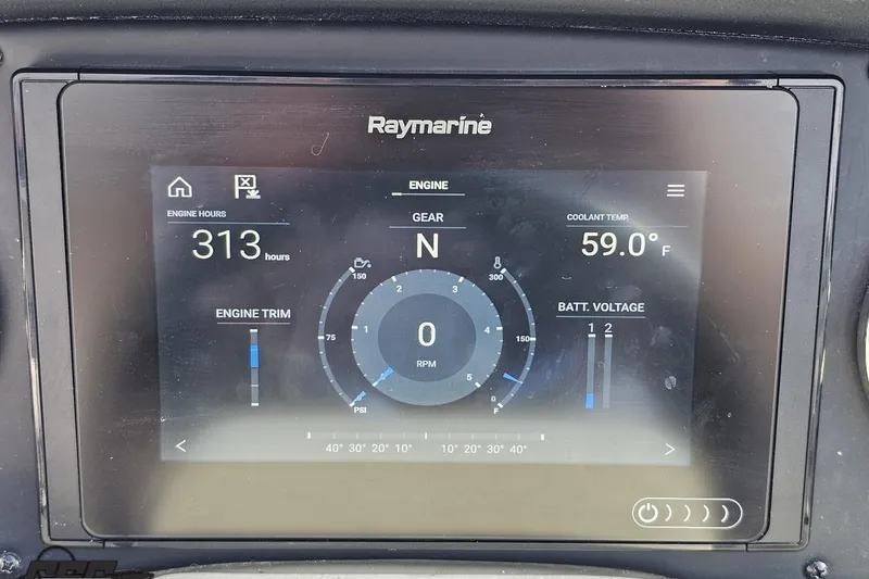 Slide: The Image of Raymarine display on 2019 Crownline 275 SS showing engine hours and coolant temperature. - 79