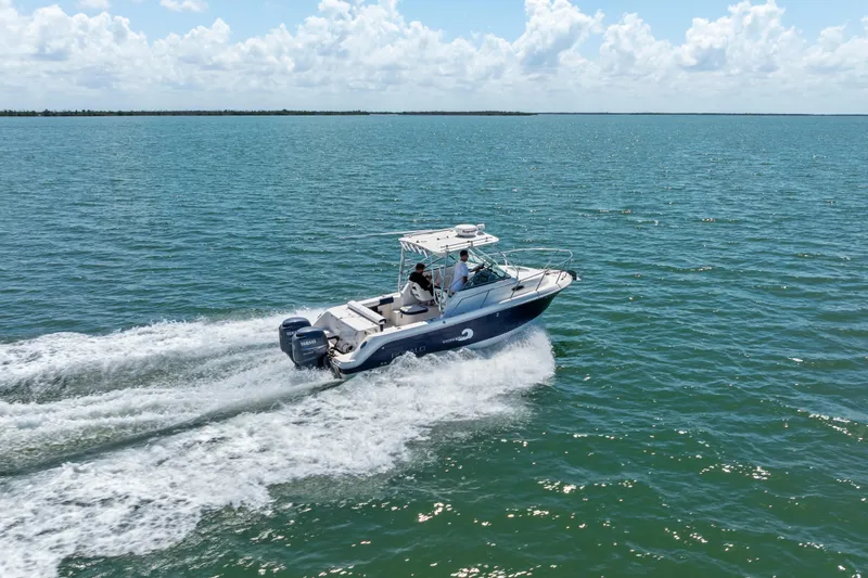 Slide: The Image of 2009 Robalo R245 Walkaround boat cruising on open water under a clear sky. - 6