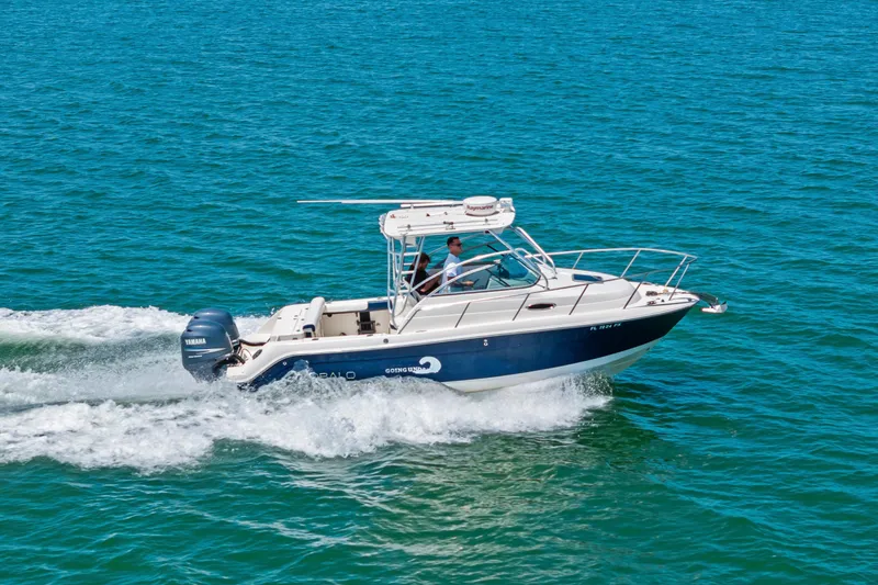 Slide: The Image of 2009 Robalo R245 Walkaround boat cruising on clear blue water. - 7