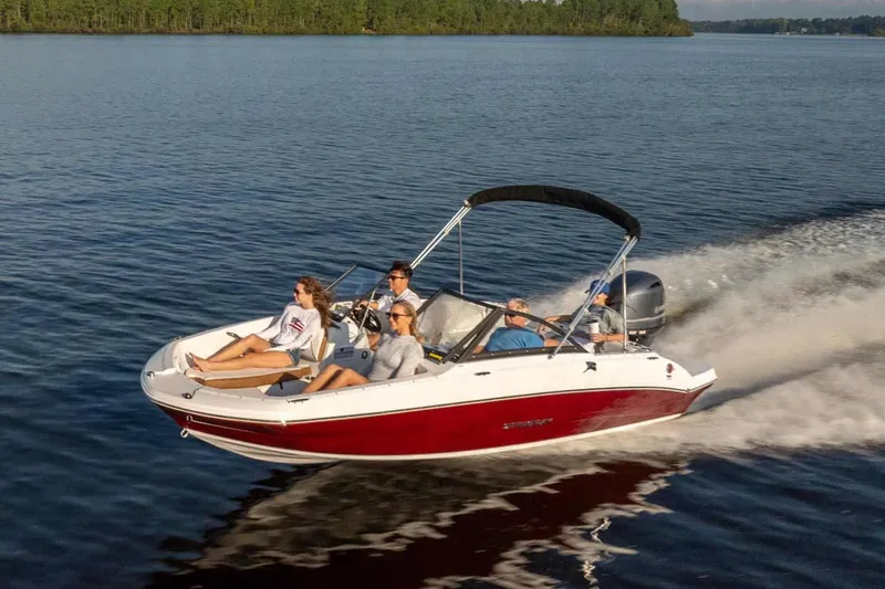 Slide: The Image of 2026 Stingray 191 DC boat cruising on a serene lake. - 14