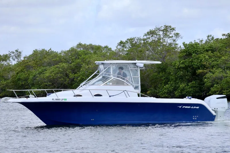 The Image of 2002 Pro-Line 32 Express boat on water, surrounded by lush greenery. - 1