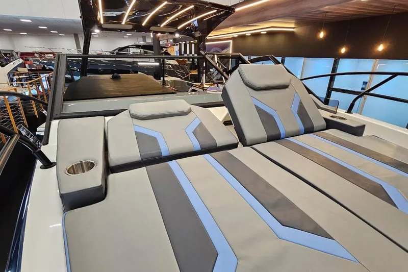 Slide: The Image of Luxurious seating on 2027 Hanover 327 yacht with modern design and ambient lighting. - 6
