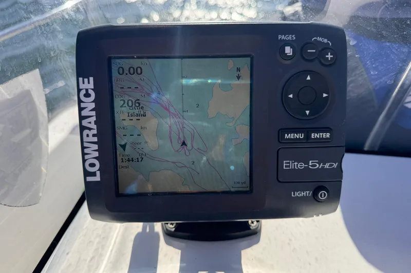 Slide: The Image of Lowrance Elite-5 HDI GPS on 2009 Boston Whaler 150 Montauk boat dashboard. - 8