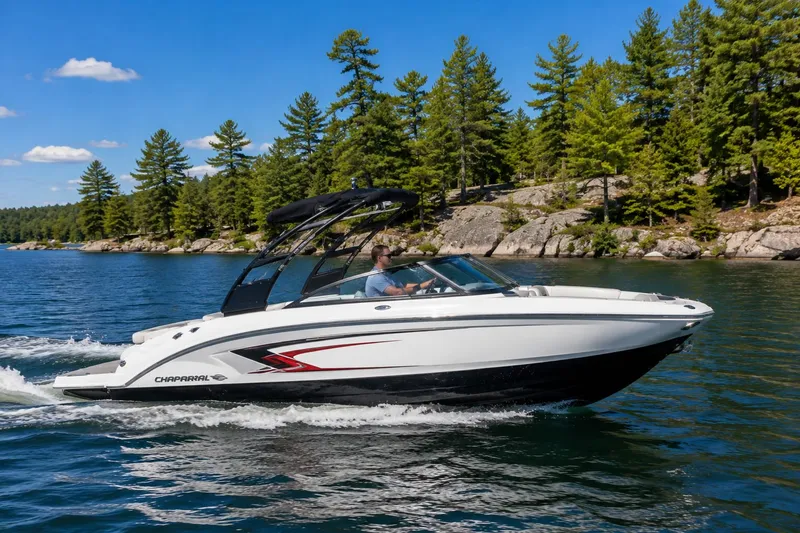 The Image of 2026 Chaparral 23 SSi cruising on a serene lake with forested shoreline. - 1