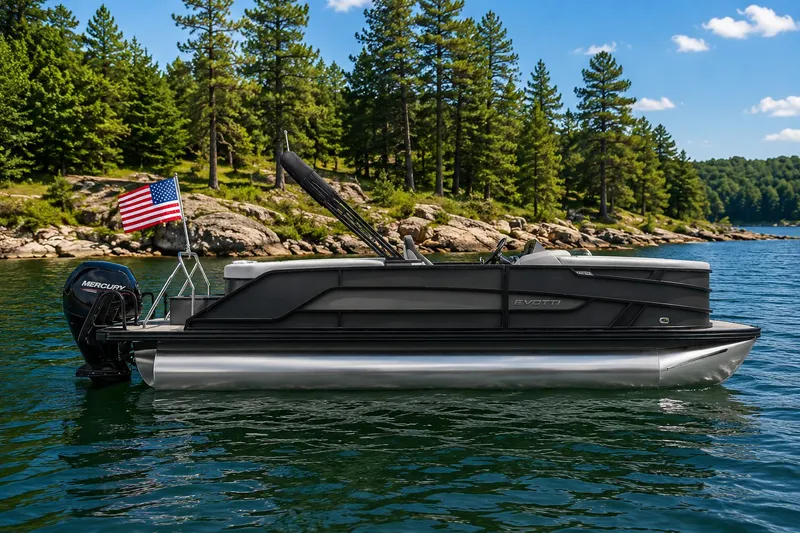 The Image of Evotti 521QL pontoon boat 2026 on a lake with trees in the background. - 1