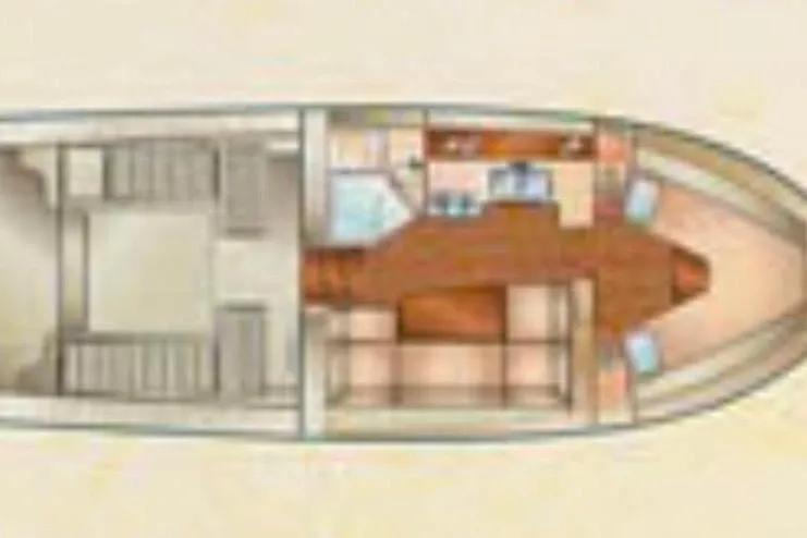 Slide: The Image of 2004 Mainship Pilot 34 interior layout, featuring cabin and galley areas. - 2