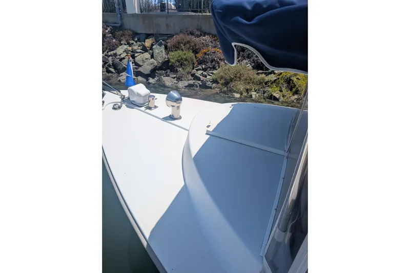 Slide: The Image of 2007 Duffy Cuddy Cabin 22 boat docked near rocky shoreline. - 22