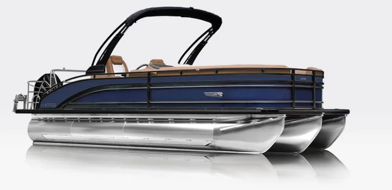 The Image of 2026 Harris Solstice 230 SLDH pontoon boat with blue hull and black canopy. - 1