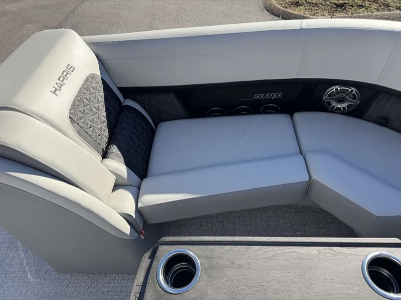 Slide: The Image of Interior of 2026 Harris Solstice 230 SLDH with gray upholstery. - 26