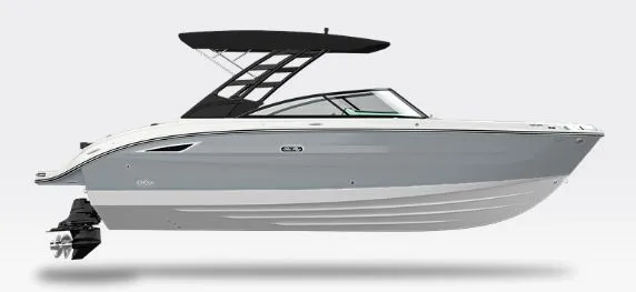 The Image of 2025 Sea Ray SDX270 boat, side view, gray and white design. - 1