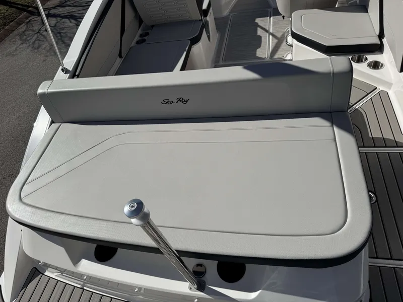 Slide: The Image of 2026 Sea Ray SPO210 boat rear seat in gray leather. - 9