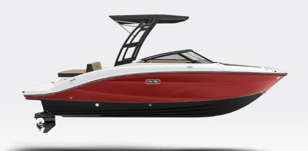 The Image of 2026 Sea Ray SPX 210 boat, red and black, side view. - 1