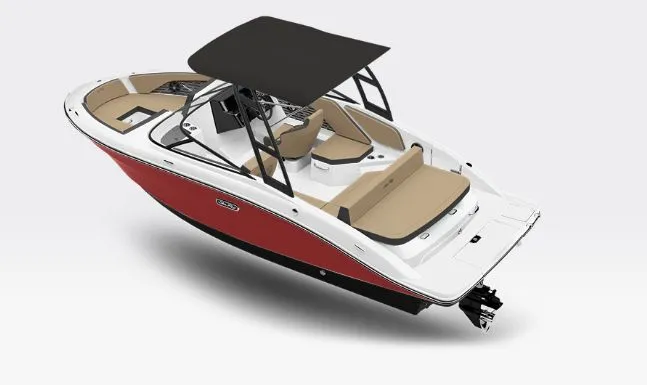Slide: The Image of 2026 Sea Ray SPX 210 boat with red hull and black canopy. - 3