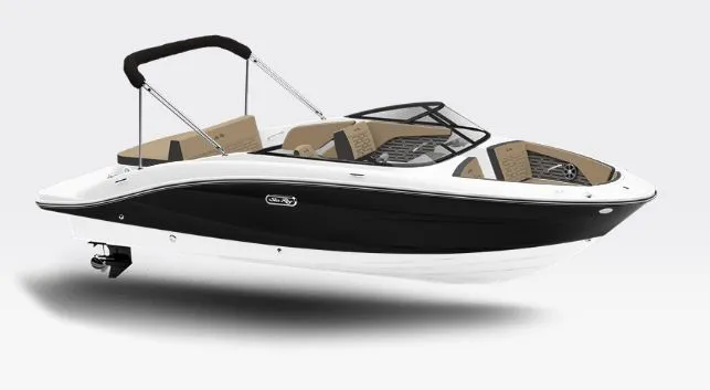 Slide: The Image of 2026 Sea Ray SPX 210 motorboat with black hull and beige interior. - 2