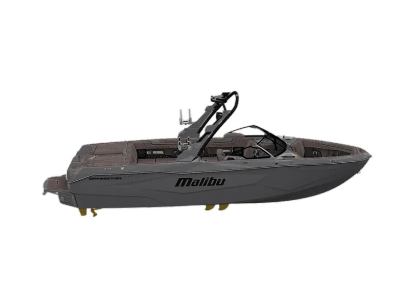 Slide: The Image of 2026 Malibu Wakesetter 25 LSV boat in gray, side view. - 3
