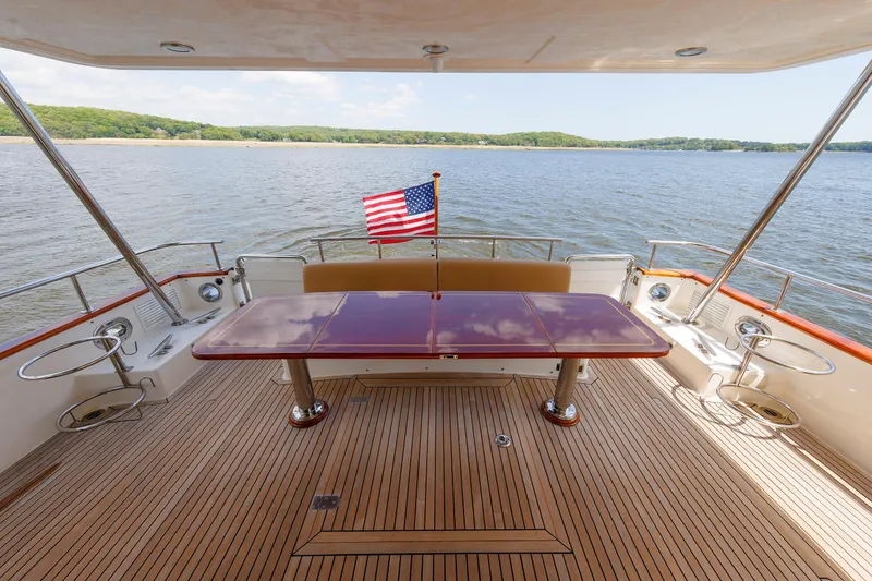 Slide: The Image of Aft deck of 2007 Grand Banks 59 Aleutian RP yacht with American flag and scenic water view. - 13