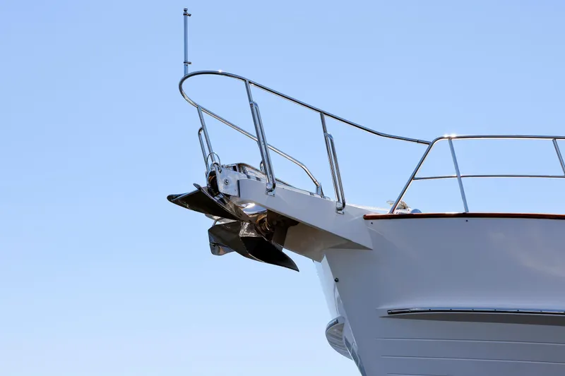 Slide: The Image of Bow of 2007 Grand Banks 59 Aleutian RP yacht against clear blue sky. - 31
