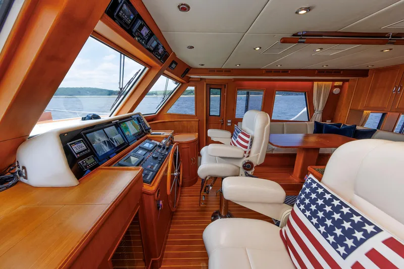 Slide: The Image of Pilothouse of 2007 Grand Banks 59 Aleutian RP yacht with navigation equipment and American-themed decor. - 44