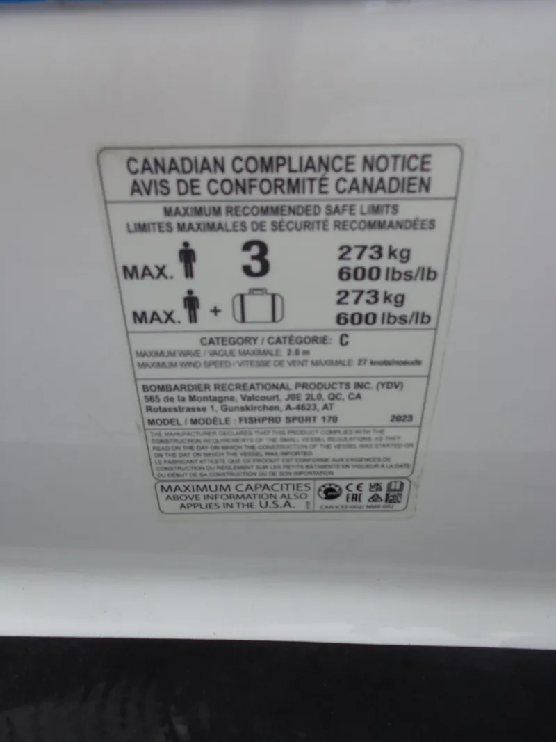 Slide: The Image of Canadian compliance notice on Sea-Doo FishPro Sport 170, 2023 model. - 26