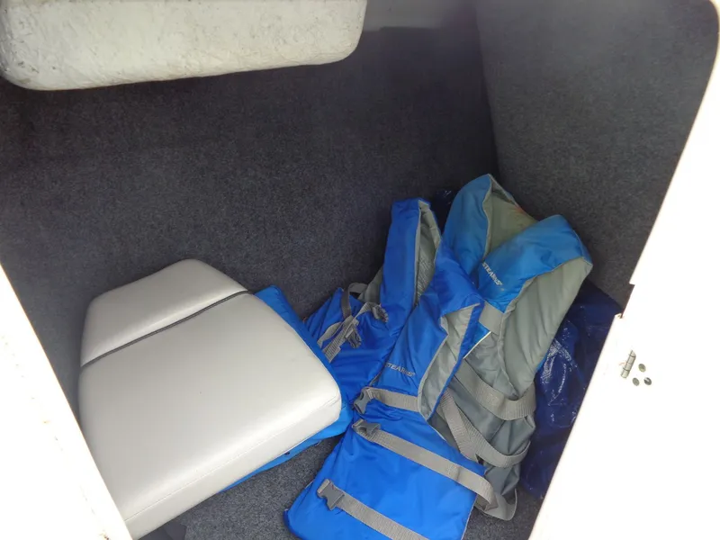 Slide: The Image of Interior of a 2008 Yamaha AR210 boat with blue life jackets. - 33