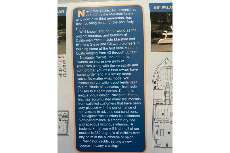 Slide: The Image of Navigator Yachts 1997 Pilothouse brochure detailing luxury features and versatile design. - 45