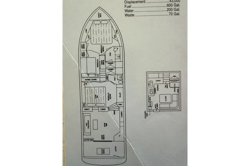 Slide: The Image of Floor plan of a 1997 Navigator Pilothouse yacht, showing layout and specifications. - 46