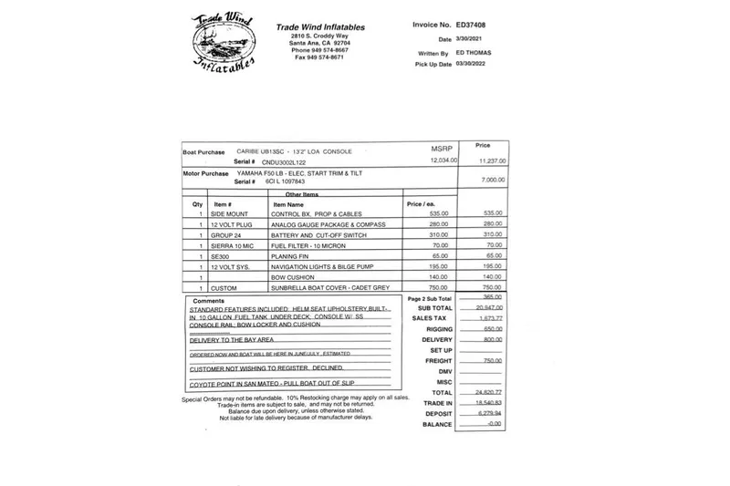 Slide: The Image of Invoice for boat purchase with itemized list and pricing details, dated 2021. - 5