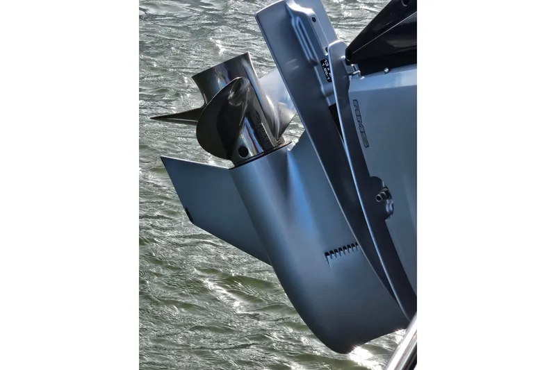 Slide: The Image of Close-up of a 2024 Harris boat propeller in water, showcasing sleek design and engineering. - 16