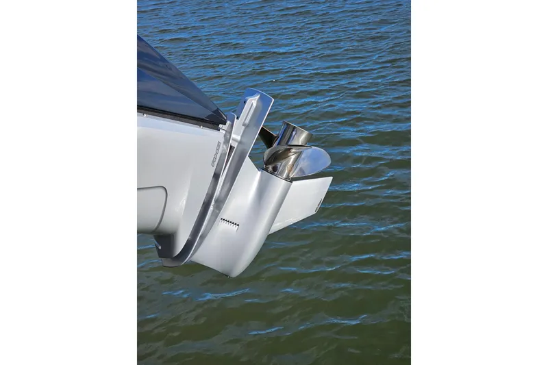 Slide: The Image of 2024 Harris boat motor detail over water. - 18