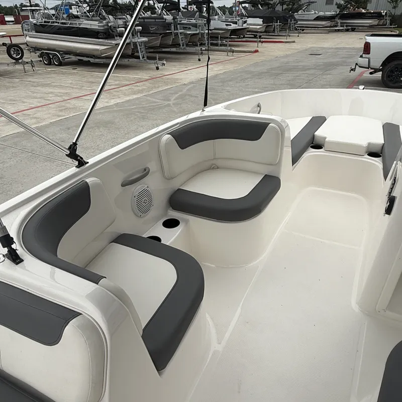 Slide: The Image of Interior of 2025 Bayliner E18LE with gray seating. - 10