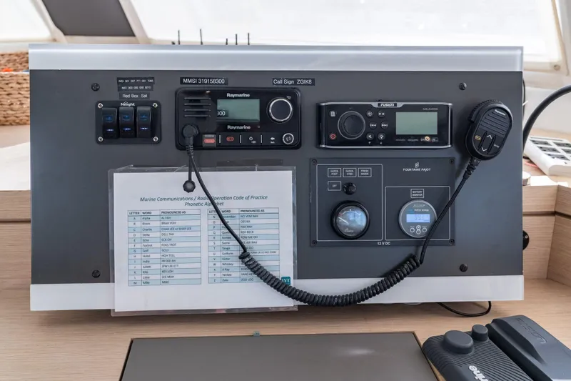 Slide: The Image of Control panel of a 2019 Fountaine Pajot 47 catamaran with communication equipment. - 20