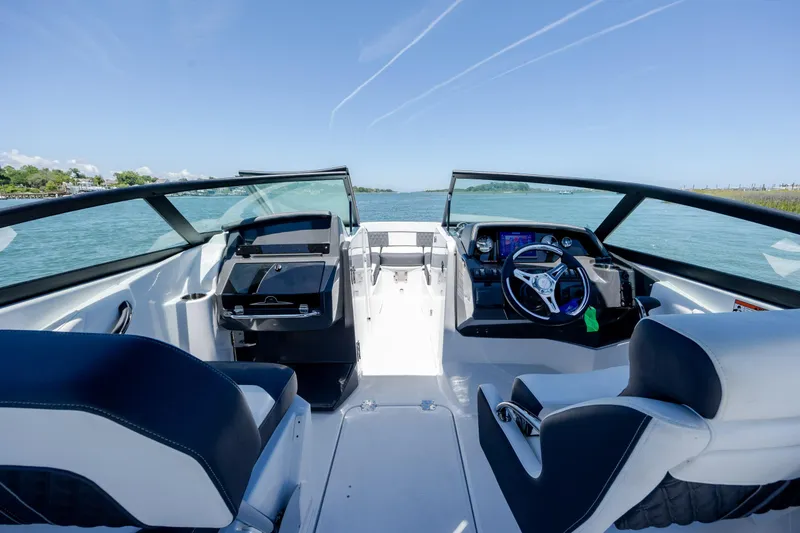 Slide: The Image of Interior view of 2024 Monterey M-45 boat cockpit with steering wheel and dashboard. - 17