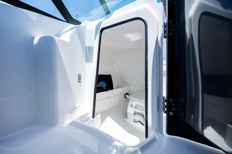 Slide: The Image of 2024 Monterey M-45 boat interior with compact bathroom and modern design. - 23