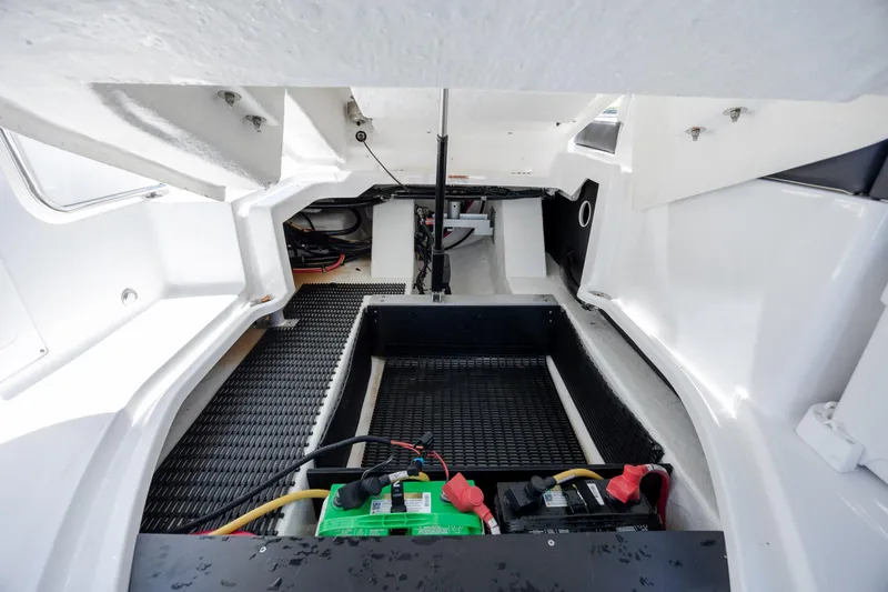 Slide: The Image of Interior view of 2024 Monterey M-45 boat showing battery compartment and wiring. - 31