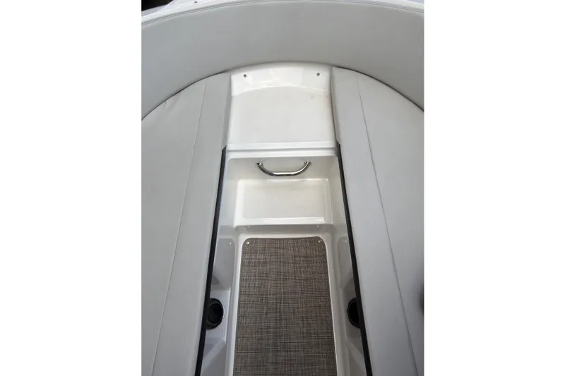Slide: The Image of Interior view of a 2021 Sea Ray SPX 190 boat, featuring seating and storage. - 24