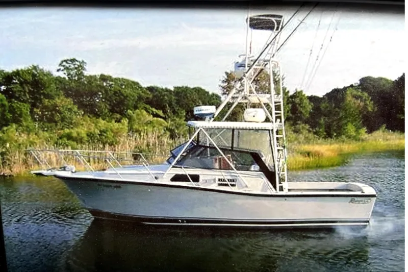 The Image of 1988 Rampage 31 Express boat cruising on a calm river with lush greenery. - 1