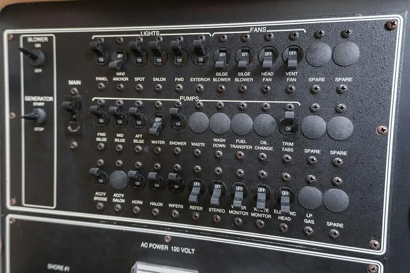 Slide: The Image of Control panel of a 2000 Carver 350 Mariner boat with switches and labels. - 21