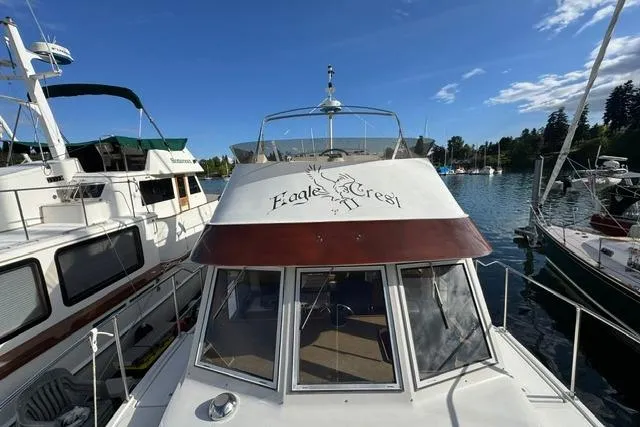 Slide: The Image of 1984 Uniflite YACHTHOME docked, featuring "Eagle Crest" on the cabin roof. - 3