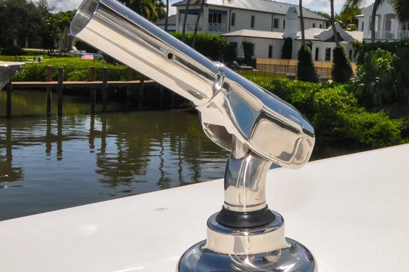 Slide: The Image of Stainless steel rod holder on 2011 Yellowfin 39 Offshore boat, dockside view. - 25
