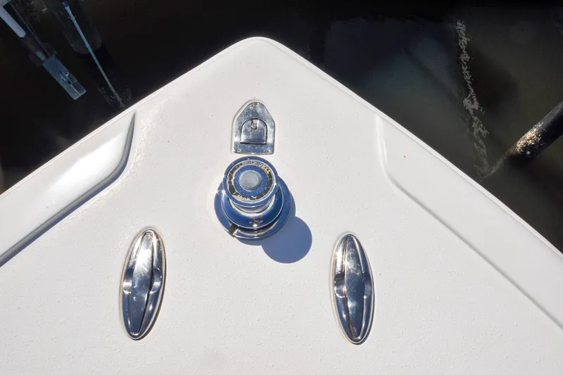 Slide: The Image of Bow of 2011 Yellowfin 39 Offshore boat with chrome fittings and winch. - 33