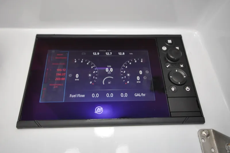 Slide: The Image of Digital dashboard display on a 2011 Yellowfin 39 Offshore boat, showing RPM and fuel flow. - 7