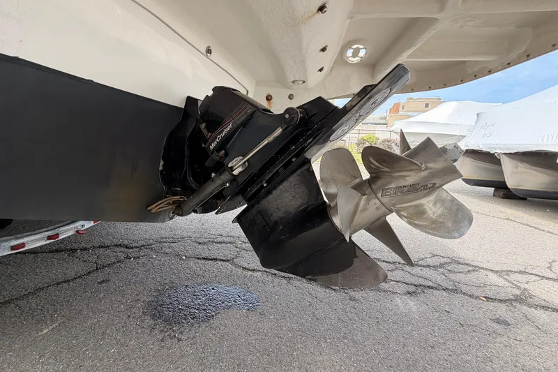 Slide: The Image of Close-up of a 2011 Sea Ray 300 SLX boat propeller and drive system. - 8