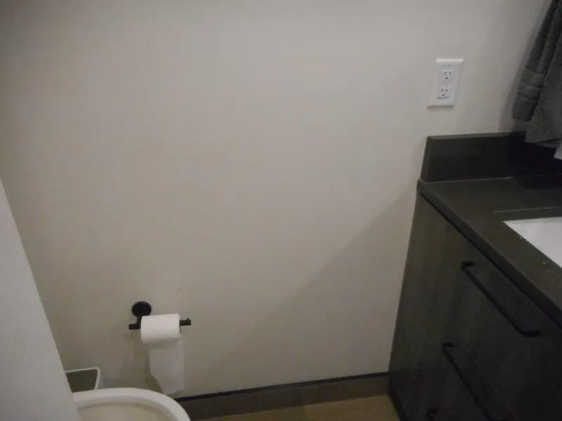 Slide: The Image of Modern bathroom with toilet, toilet paper holder, and dark vanity. Adonia Obsession Trip #12, 2021. - 28