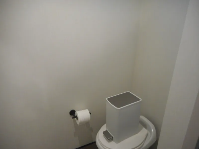 Slide: The Image of Minimalist bathroom corner with toilet, paper holder, and trash bin. Adonia Obsession Trip #12, 2021. - 33