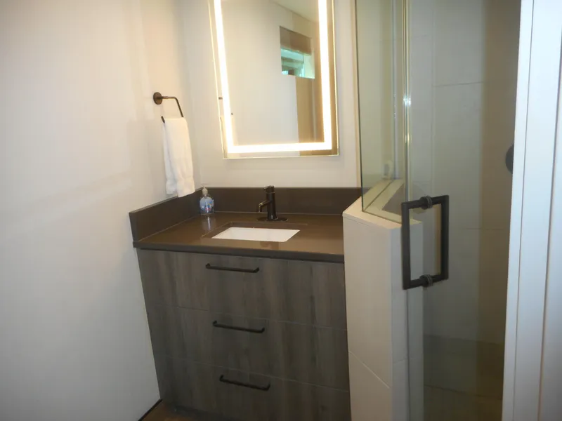 Slide: The Image of Modern bathroom with illuminated mirror, sleek vanity, and glass shower in Adonia Obsession Trip #12, 2021. - 5