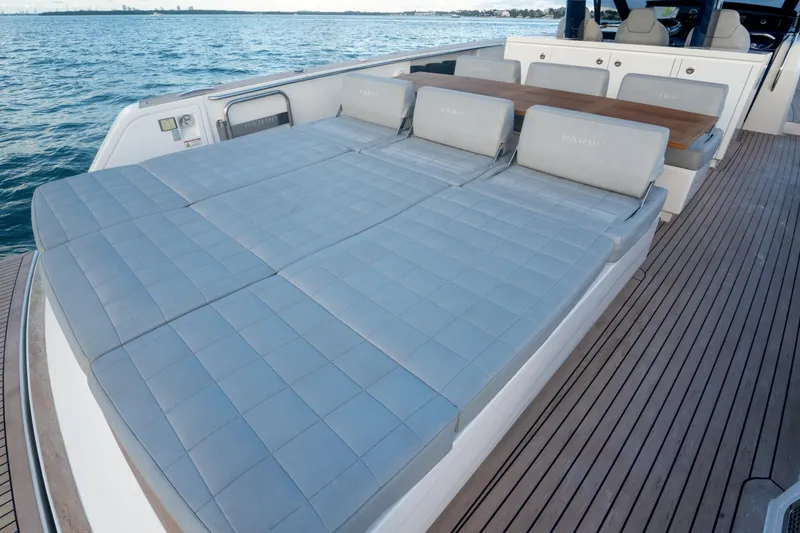 Slide: The Image of Luxury sunbathing area on 2021 Pardo Yachts 43, featuring spacious cushioned deck. - 10