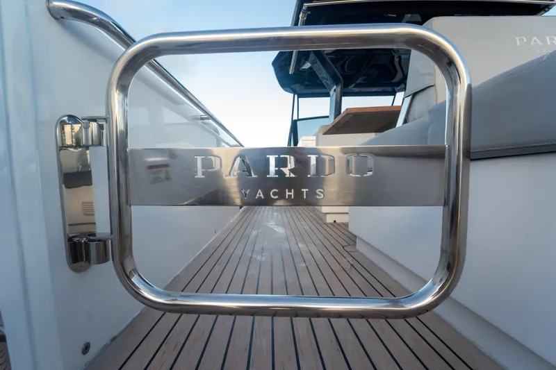 Slide: The Image of Stainless steel gate on 2021 Pardo Yachts 43, showcasing elegant deck design. - 11